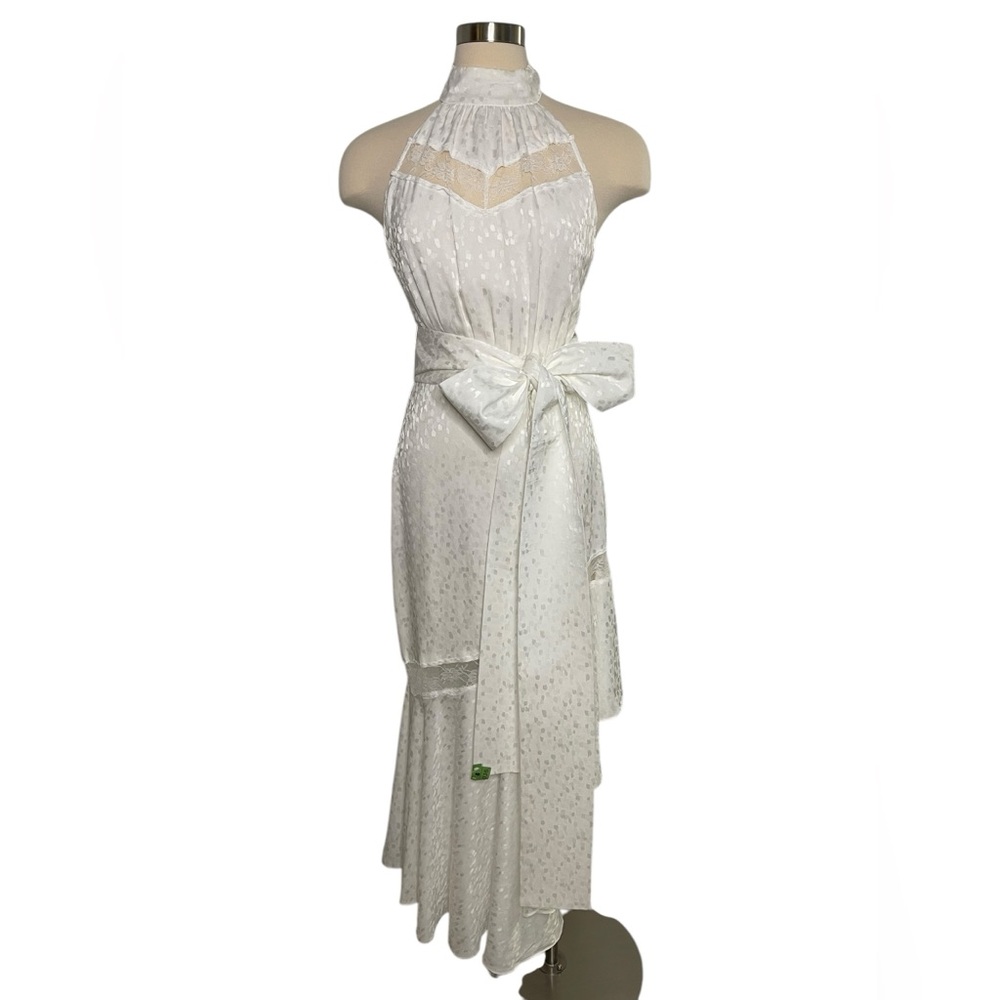 High Neck Asymmetrical Open Back White Gown